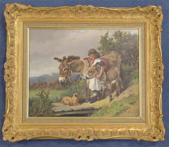 Arthur Batt (1846-1911) Girl with donkey, foal and a terrier, 12 x 15in.